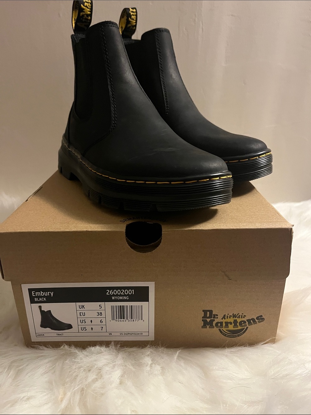 Dr. Martens Embury Black Chelsea Platform Boots with Yellow Stitching